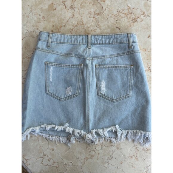 Forever 21 Light Blue Distressed Denim Mini Skirt With Frayed Hem & Pockets Size - Picture 5 of 6